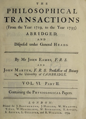 Cover for The philosophical transactions (from the year 1719, to the year 1733) abridged, and disposed under general heads