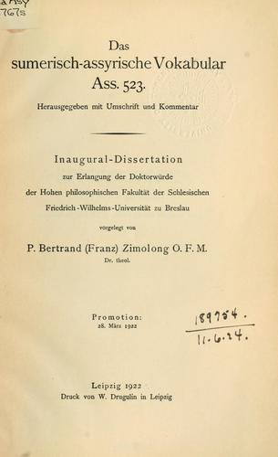 Cover for Das sumerisch-assyrische Vokabular Ass. 523