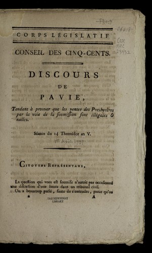Cover for Discours de Pavie, tendant a   prouver que les ventes des presbyte  res par la voie de la soumission sont ille gales & nulles