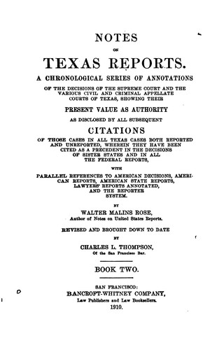 Cover for Notes on Texas Reports: A Chronological Series of Annotations of the ...