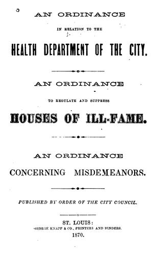 Cover for An Ordinance in Relation to the Health Department of the City: An Ordinance to Regulate and ...