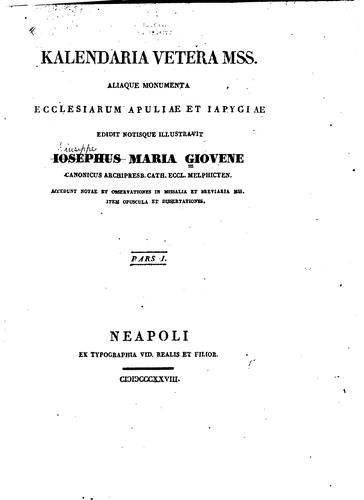 Cover for Kalendaria vetera mss. aliaque monumenta ecclesiarum Apuliae et Iapygiae