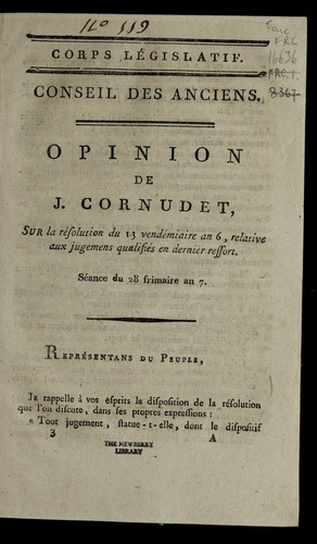 Cover for Opinion de J. Cornudet sur la re solution du 13 vende miaire an 6 relative aux jugemens qualifie s en dernier ressort