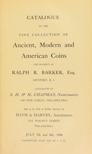 Cover for Catalogue of the fine collection of ancient, modern and American coins, the property of Ralph R. Barker, esq., Newport, R. I.