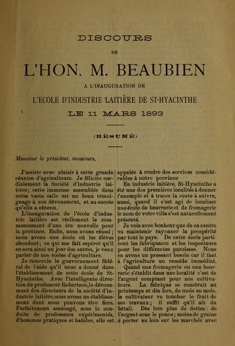 Cover for Discours a l'inauguration de l'Ecole d'Industrie Laitiere de St.-Hyacinthe