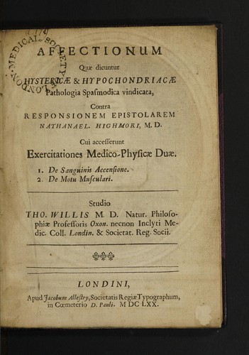 Cover for Affectionum quae dicuntur hystericae & hypochondriacae pathologia spasmodica vindicata