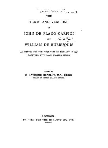 Cover for The Texts and Versions of John de Plano Carpini and William de Rubruquis