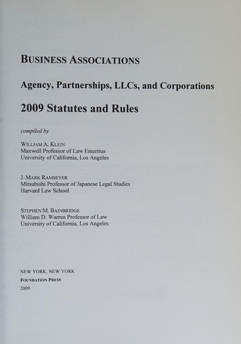 Cover for Business Associations-Agency, Partnerships, LLC's and Corporations, 2009 Statutes and Rules