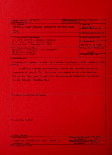 Cover for Recreation and open space plan, City of Asheboro, North Carolina