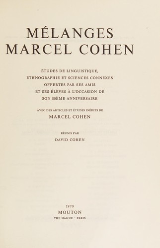 Cover for Mélanges Marcel Cohen