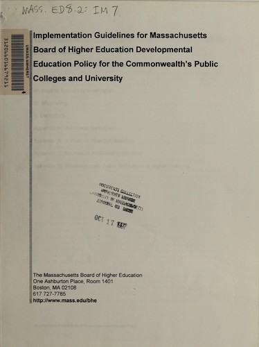 Cover for Implementation guidelines for Massachusetts Board of Higher Education developmental education policy for the Commonwealth's public colleges and university