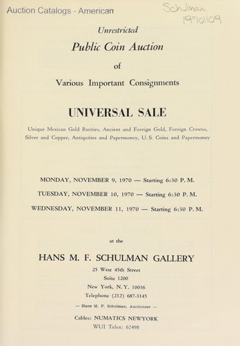 Cover for Unrestricted public coin auction of various important consignments ...