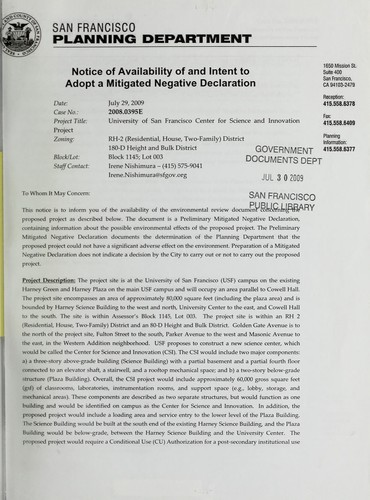 Cover for Notice of availability of and intent to adopt a mitigated negative declaration