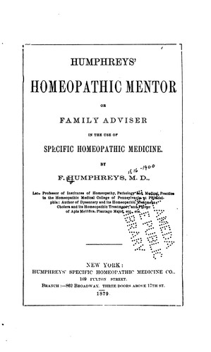 Cover for Humphreys' Homeopathic mentor, or Family adviser in the use of specific homeopathic medicine