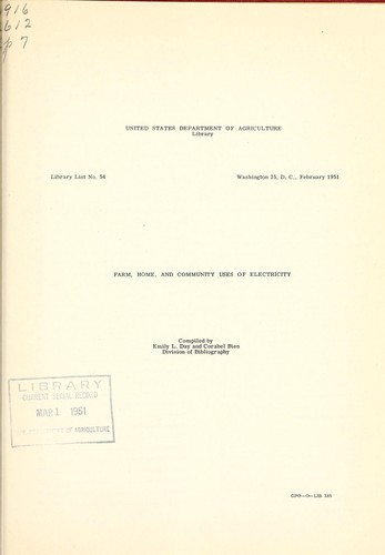Cover for Farm, home, and community uses of electricity