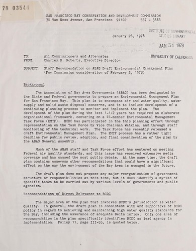 Cover for Staff recommendation on ABAG draft environmental management plan (for commission consideration of February 2, 1978)