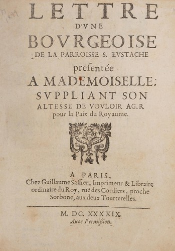 Cover for Lettre d'vne bovrgeoise de la parroisse S. Evstache presentée a mademoiselle