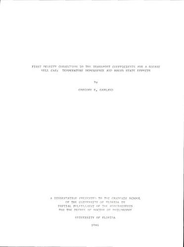 Cover for First density correction to the transport coefficients for a square well gas