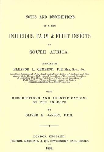 Cover for Notes and descriptions of a few injurious farm & fruit insects of South Africa.