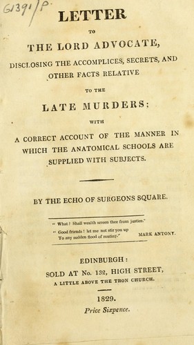 Cover for Letter to the Lord Advocate, disclosing the accomplices, secrets, and other facts relative to the late murders