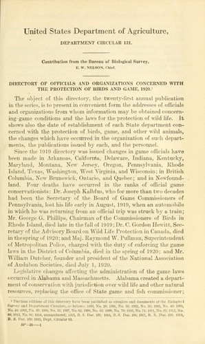 Cover for Directory of officials and organizations concerned with the protection of birds and game, 1920