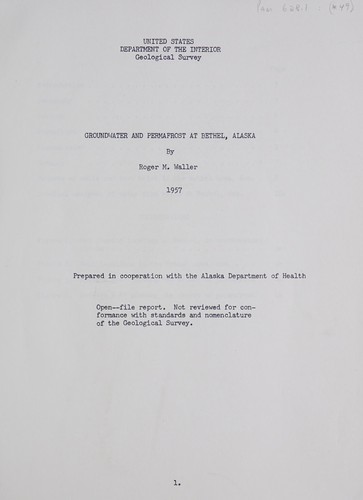 Cover for Groundwater and permafrost at Bethel, Alaska