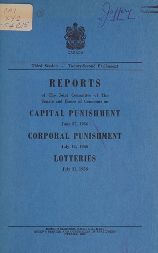 Cover for Reports of the Joint Committee of the Senate and House of Commons on Capital Punishment, June 27, 1956