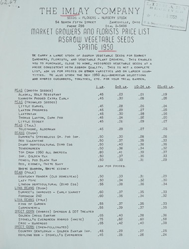 Cover for Market growers and florists price list, ASGROW vegetable seeds, spring 1950