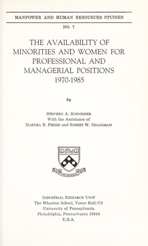 Cover for The availability of minorities and women for professional and managerial positions, 1970-1985