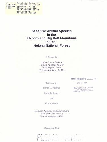 Cover for Sensitive animal species in the Elkhorn and Big Belt Mountains of the Helena National Forest