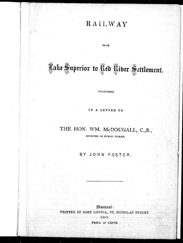 Cover for Railway from Lake Superior to Red River settlement