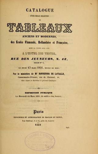Cover for Catalogue d'une belle collection de tableaux anciens et modernes, des écoles flamande, hollandaise et française