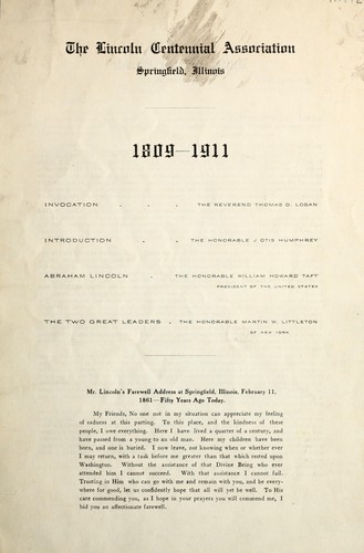 Cover for The Lincoln Centennial Association Springfield, Illinois, 1809-1911