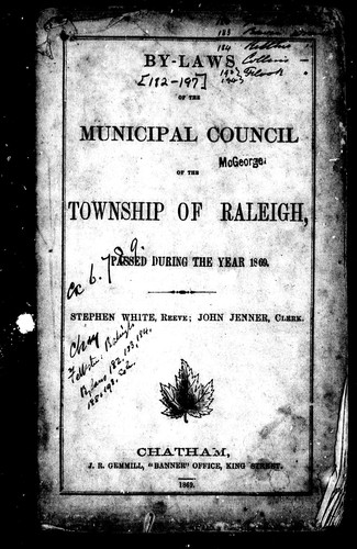 Cover for By-laws of the Municipal Council of the township of Raleigh, passed during the year 1869