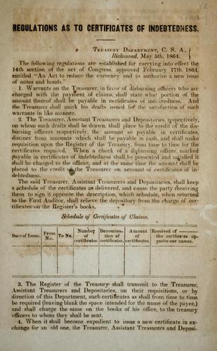 Cover for Regulations as to certificates of indebtedness, Treasury department, C.S.A., Richmond, May 5th, 1864.