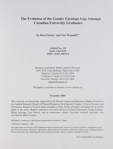 Cover for The evolution of the gender earnings gap amongst Canadian university graduates