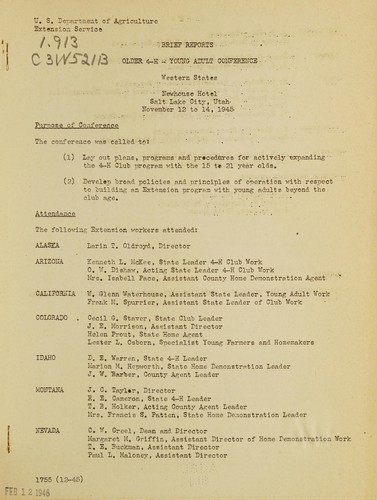 Cover for Brief reports, older 4-H-young adult conference, western states ... Salt Lake City, Utah, November 12 to 14, 1945
