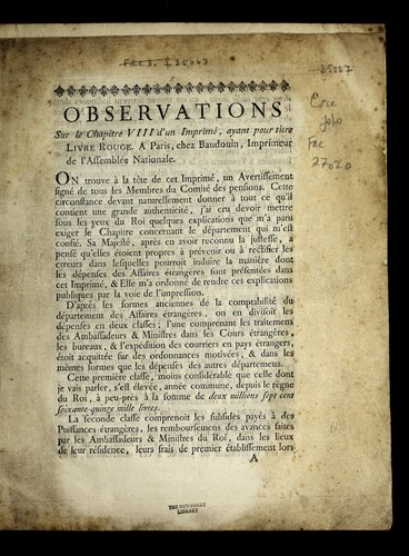 Cover for Observations sur le chapitre VIII d'une imprime , ayant pour titre Livre rouge