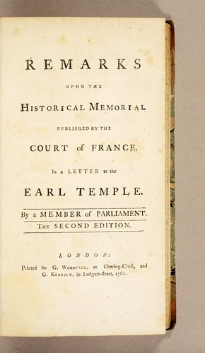 Cover for Remarks upon the historical memorial published by the court of France