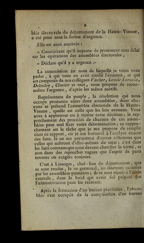 Cover for Rapport fait par Math. Depe  re sur la re solution qui valide les ope rations de l'assemble e-me  re dans le de partement de la Haute-Vienne. Se ance du 25 flore al an 7.
