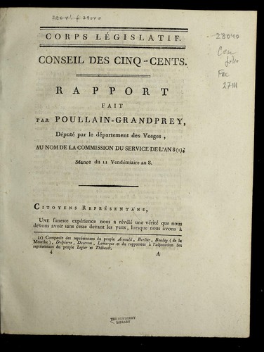 Cover for Rapport fait par Poullain-Grandprey, de pute  par le de partement des Vosges, au nom de la Commission du service de l'an 8