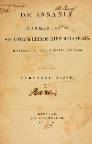 Cover for De insania commentatio secundum libros Hippocraticos. Dissertatio inauguralis medica
