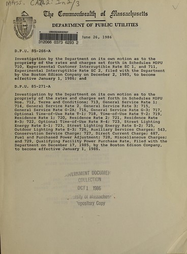 Cover for Investigation by the Department on its own motion as to the propriety of the rates and charges set forth in schedules M.D.P.U. nos. 710 [and] 711, filed by the Boston Edison Company with the Department on December 2, 1985 to become effective January 1, 1986