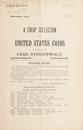 Cover for A cheap collection of United States coins. [Fixed Price List, November 1902]