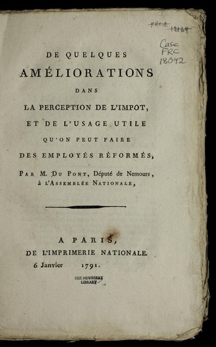 Cover for De quelques ame liorations dans la perception de l'impot et de l'usage utile qu'on peut faire des employe s re forme s