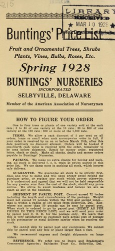 Cover for Buntings' price list [of] fruit and ornamental trees, strawberry plants, shrubs, plants, vines, bulbs, etc
