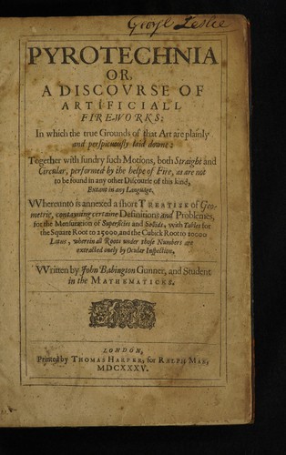 Cover for Pyrotechnia or, a discourse of artificiall fire-works ... Whereunto is annexed a short treatise of geometrie