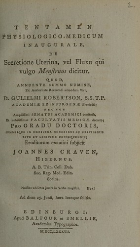 Cover for Tentamen physiologico medicum inaugurale, de secretione uterina, vel fluxu qui vulgo menstruus dicitur ...