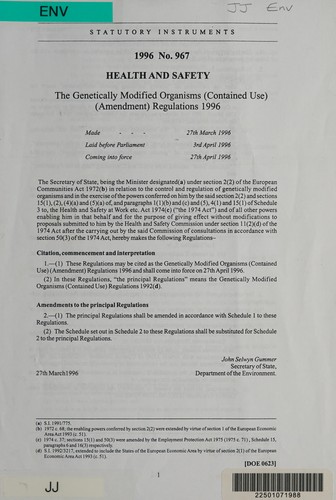 Cover for The Genetically Modified Organisms (Contained Use) (Amendment) Regulations 1996 (Statutory Instruments: 1996: 967)