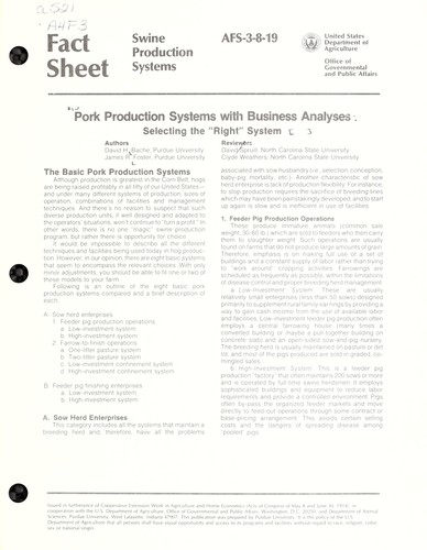 Cover for Pork production systems with business analyses: selecting the "right" system